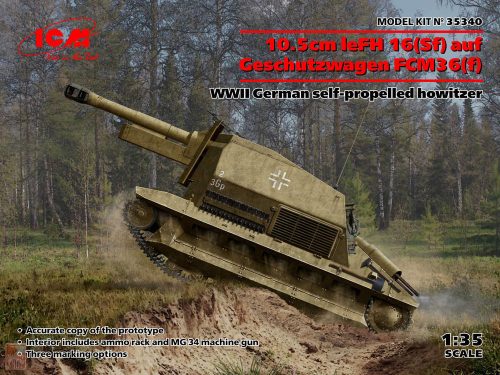 ICM 1:35 10.5cm leFH 16(Sf)auf Geschutzwagen FCM36(f),WWII German self-propelled howitzer