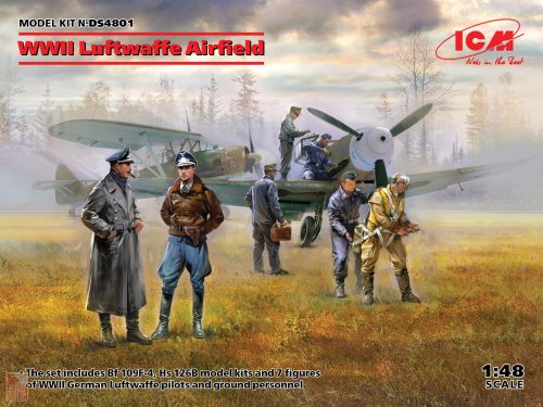 ICM 1:48 WWII Luftwaffe Airfield(MesserschmittBf109F-4,Hs126B-1,Pilot,Ground Pers(7 fig