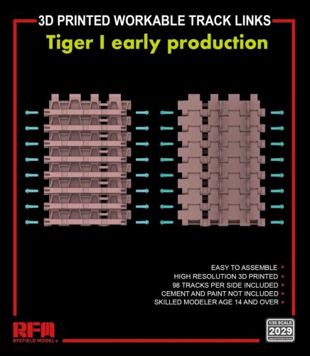 Ryefield model 1:35 3D printed Workable track links for Tiger I early