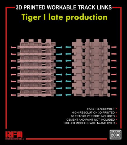 Ryefield model 1:35 3D printed Workable track links for Tiger I late